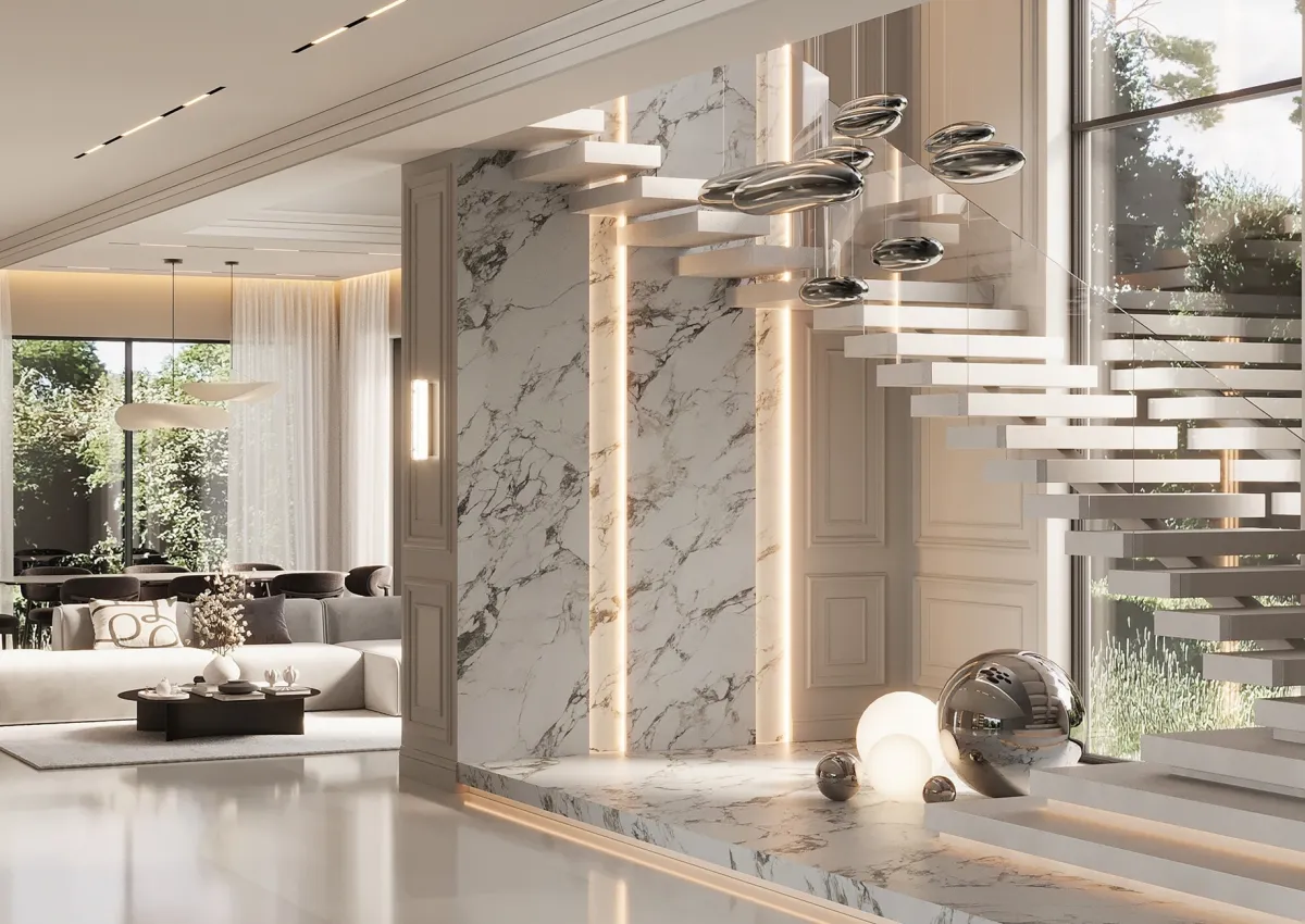 Холл с лестницей и колоннами из Laminam Lumina Arabesco Bianco — белый мрамор с серыми прожилками