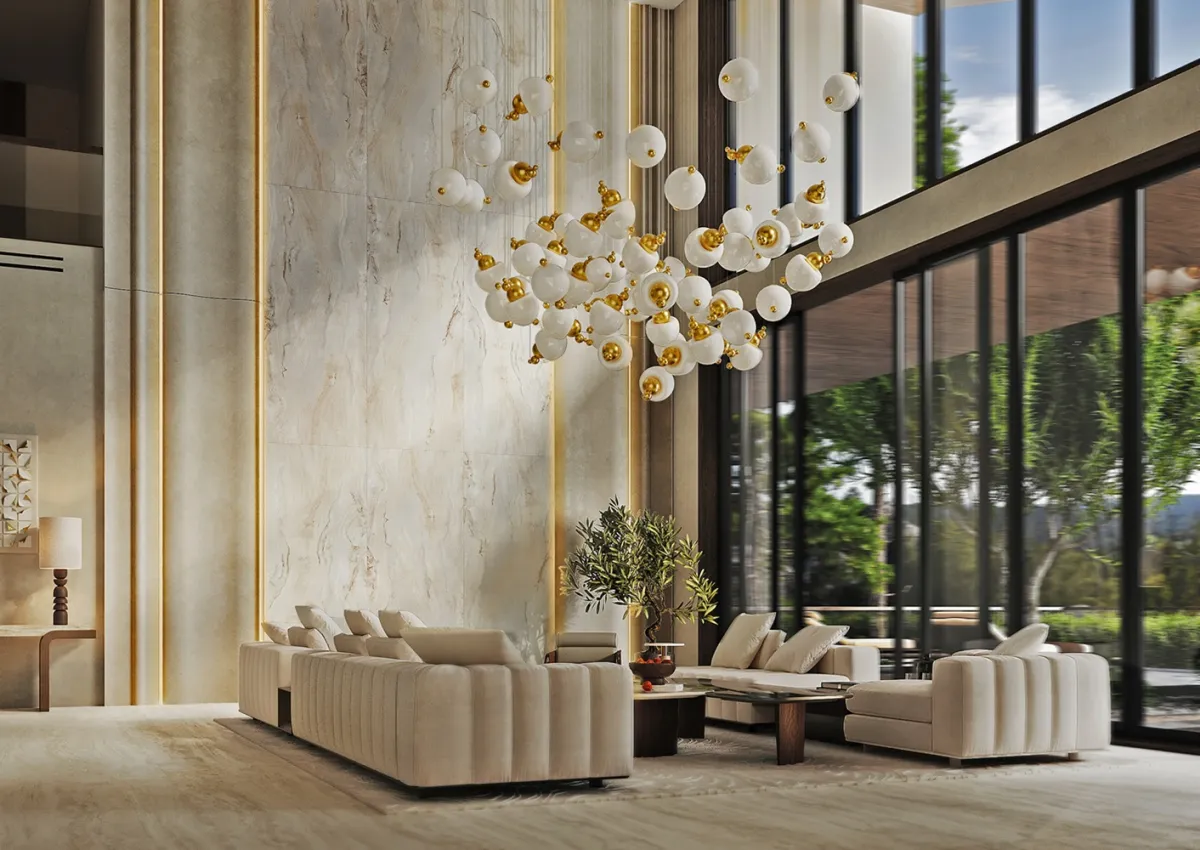 Гостиная с двусветной стеной из Laminam Lumina Onice Ambra в медово-кремовой гамме