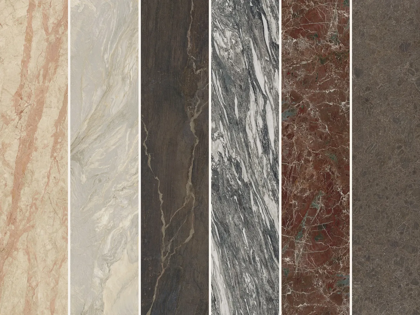 Шесть новых декоров Laminam RARE: Calacatta Rosa, Quarzite, Bronzite, Breccia Medicea, Rosso Lepanto и Pietra di Grè Ruggine