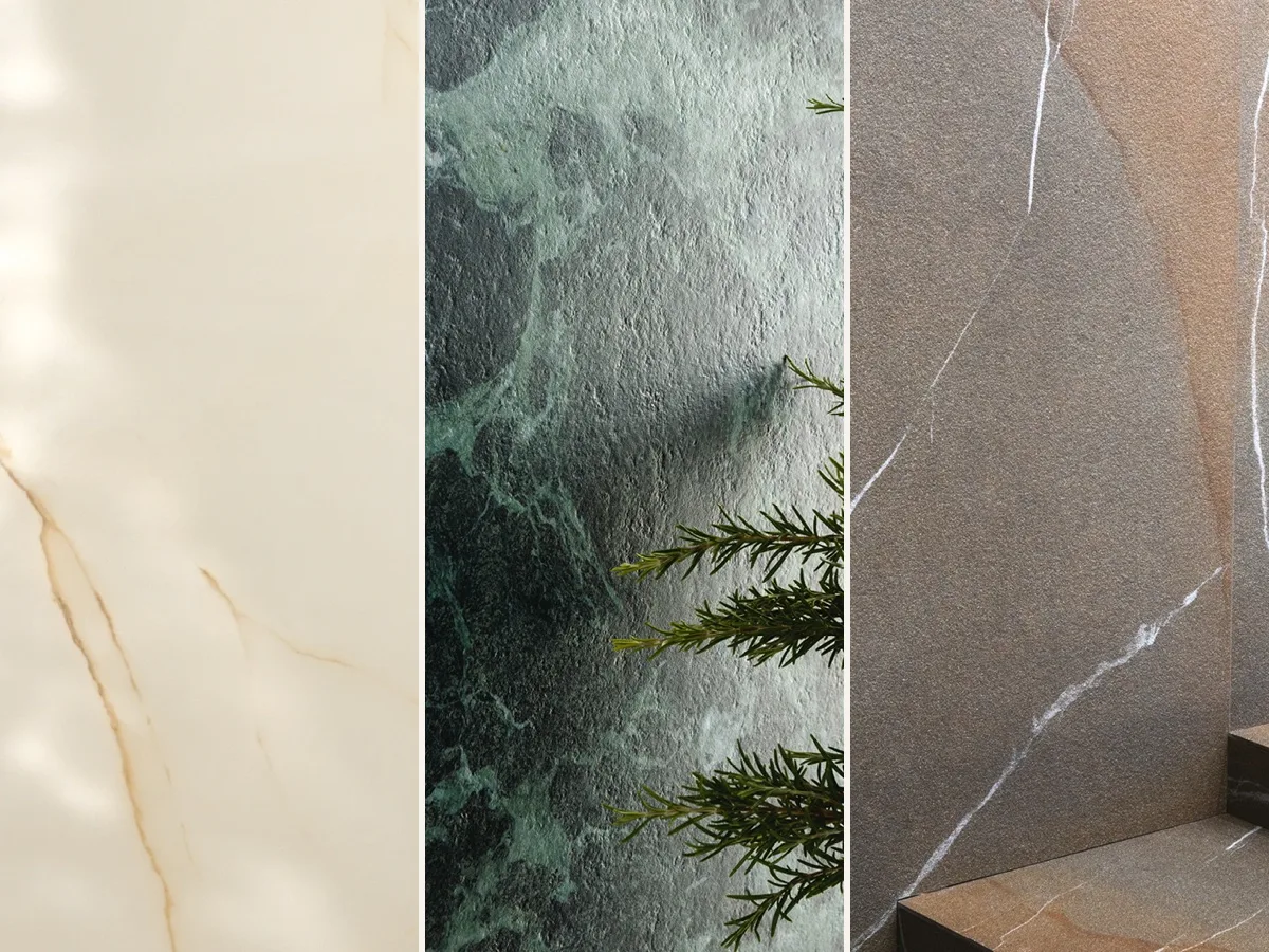 Фактуры Laminam для столешницы крупным планом: светлый мрамор Caress, зелёный камень Bocciardato и Fiammato коллекции In-Side