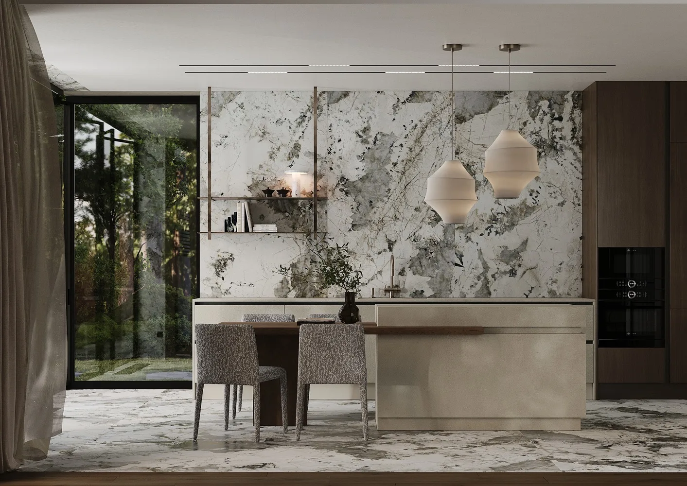 Кухня с поверхностями Laminam Lumina: светлый камень с кристаллическим рисунком на стене и полу